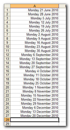 Release the Auto Fill handle. Excel has created a list of dates all seven days apart - Use Auto Fill with Dates