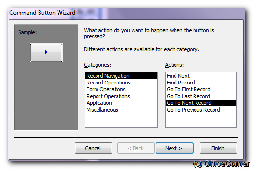 Choose Go to Next Record in the Record Navigation category - Command Button Wizard step 1 - Make Microsoft Access forms more user-friendly with big navigation controls