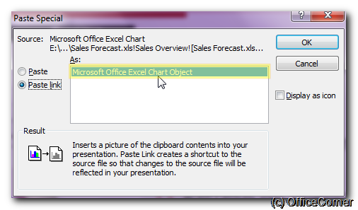 Choose Paste Link in the Paste Special Dialog - Get Excel charts and tables always up to date in your Microsoft PowerPoint presentation