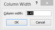 Excel column width dialog with default of 8.43