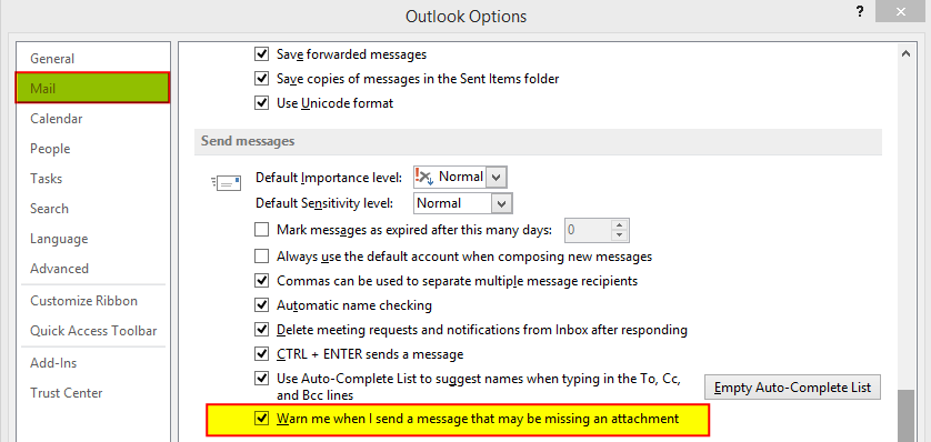 Outlook 2013 Options dialog with the option to Warn me before sending a message which may be missing an attachment