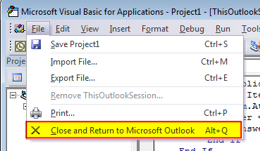Outlook VBA menu: Close and Return to Outlook in the File menu