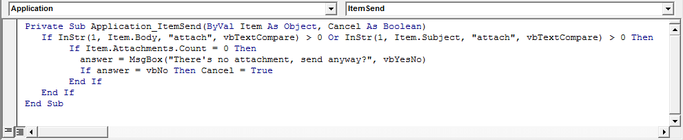 Outlook VBA Code Window Check for missing attachments in Body or Subject