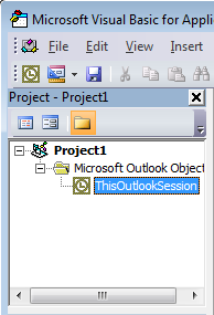 A screen capture of the Outlook VBA Project Explorer Window where ThisOutlookSession is selected