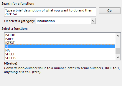 Excel Insert Function dialog showing the N function