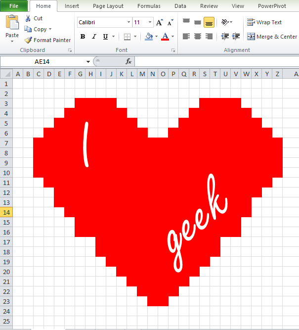 A heart made up of red cells in Excel gridline with the words "I heart geek"