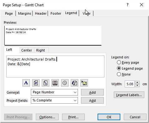 Page Setup Options for the Gantt Chart